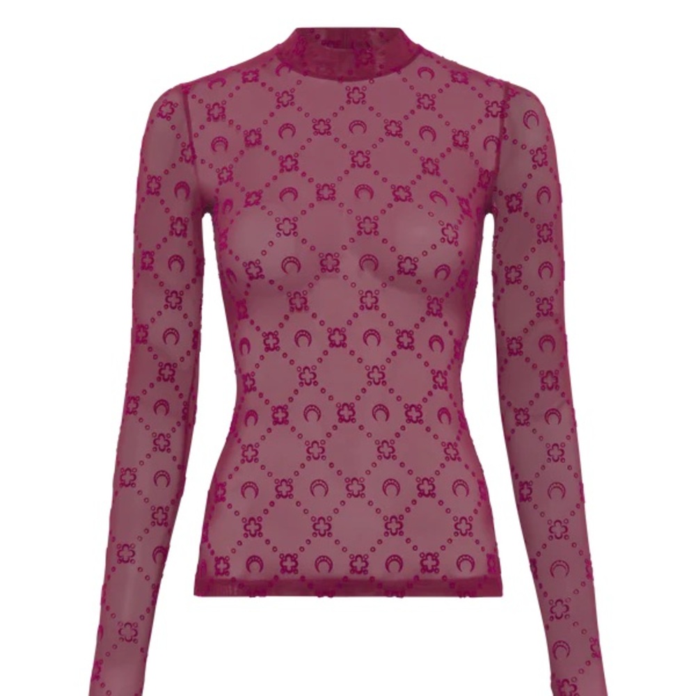 Marine Serre Monogram Mesh Flock Second Skin High Neck Top Burgundy